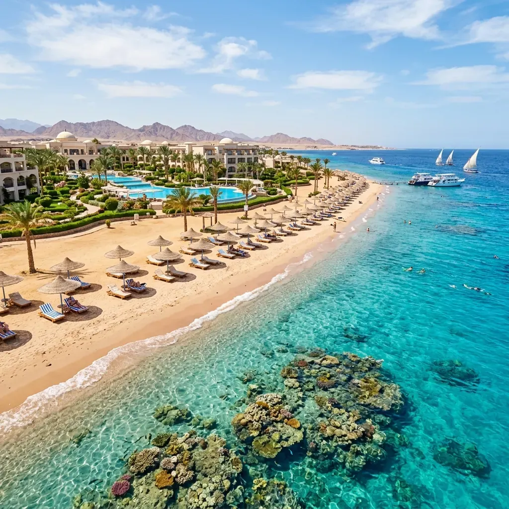 Hotelstrand mit Korallenriff am Roten Meer bei Hurghada