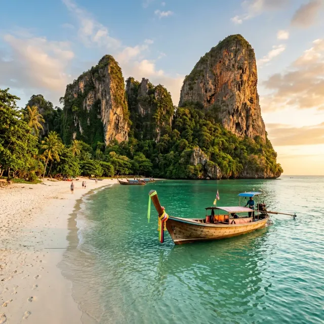Longtail-Boot vor Kalksteinfelsen an einem Strand in Krabi, Thailand