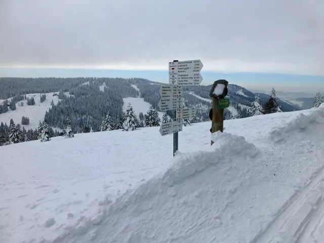 Verschneiter Wegweiser am Feldberg im Schwarzwald
